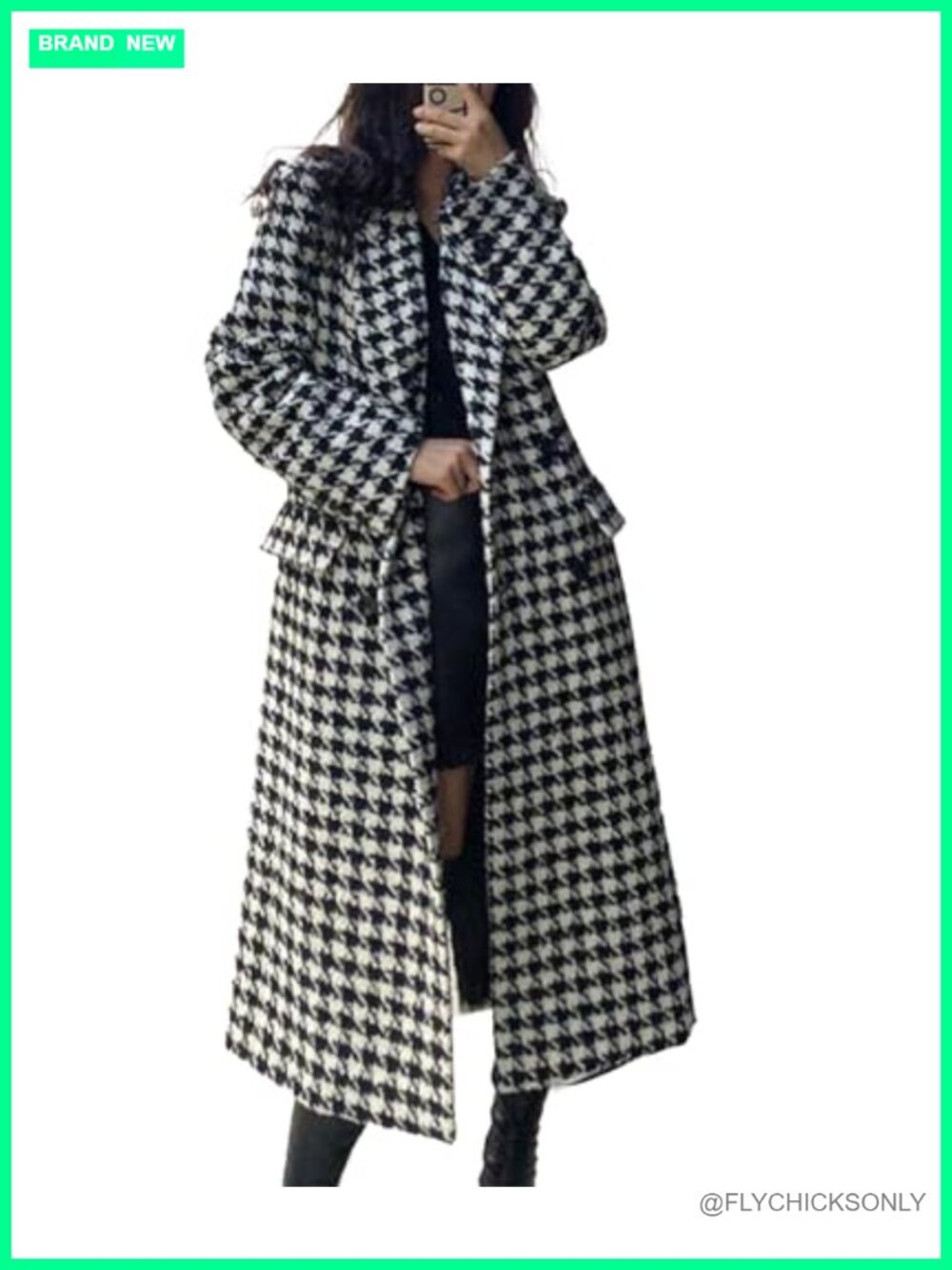 Houndstooth Trench Coat Winter Long Overcoat Pea Coat Polyester Spandex Button
